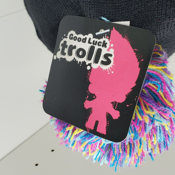 Troll Beanie Knit Hat Skullcap w/ Pom Pom Black Multi-Color NEW Trolls Winter - Picture 7 of 10